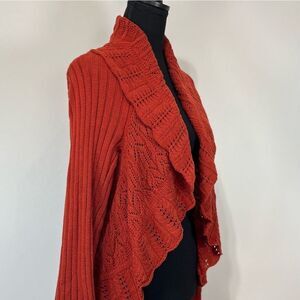Crochet Detail Open Front Waterfall Cardigan Rust Orange Women’s Small